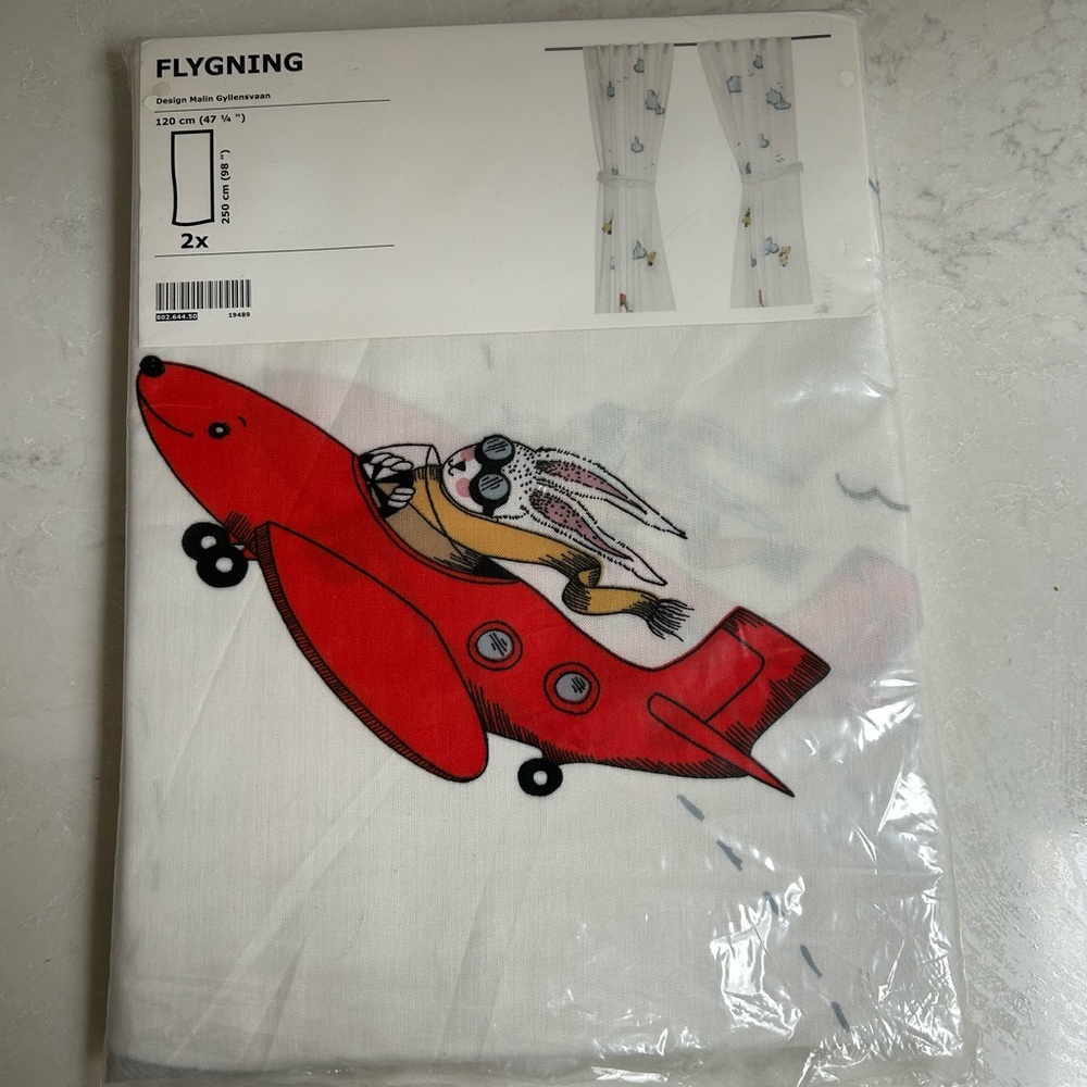 IKEA New FLYGNING Kids Curtains Red & Yellow Airplanes & Rabbit Design 2 Panels